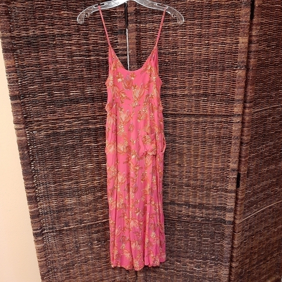 Free People Hot Tropics Jumpsuit Wide Leg Romper Feathers Crop Capris Pink 2 ASO - Picture 6 of 9